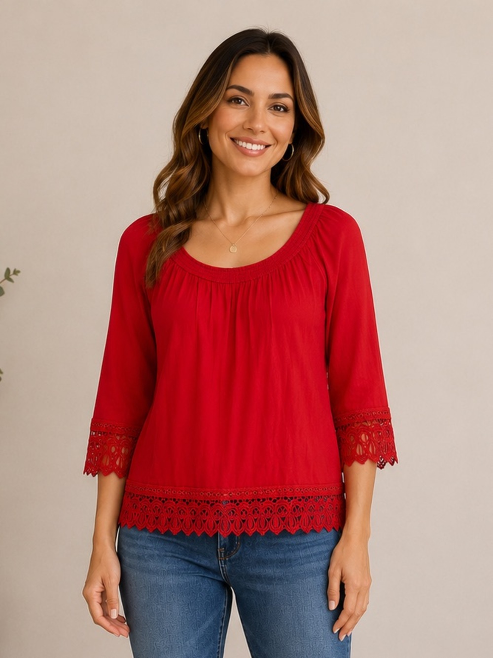 Bandolino Relativity Red Lace Trim Women’s Blouse Size Medium